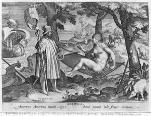 Amerigo Vespucci (1454-1512) lander i Amerika, gravert av Theodor Galle (1571-1633)